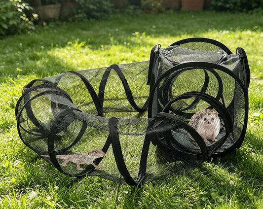 Small Animal Playpen with Surround Tunnel, Portable Foldable Outdoor Guinea Pigs Playpen with Carrying Handle, Breathable Mesh Playpen for Kitten, Hedgehog, Snake, Rabbit, Lizard, Small Pets