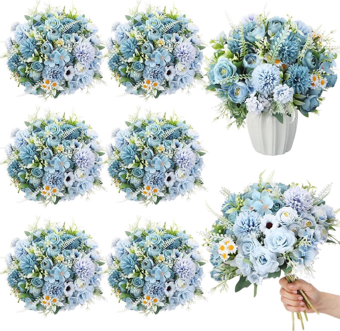 6 Pcs Bundles Artificial Bouquet Flowers Artificial Peonies Faux Roses Hydrangea Flowers Bouquet for Wedding Table Centerpiece Floral Vase Decor (Light Purple,Dark Purple)