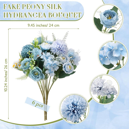 6 Pcs Bundles Artificial Bouquet Flowers Artificial Peonies Faux Roses Hydrangea Flowers Bouquet for Wedding Table Centerpiece Floral Vase Decor (Light Purple,Dark Purple)
