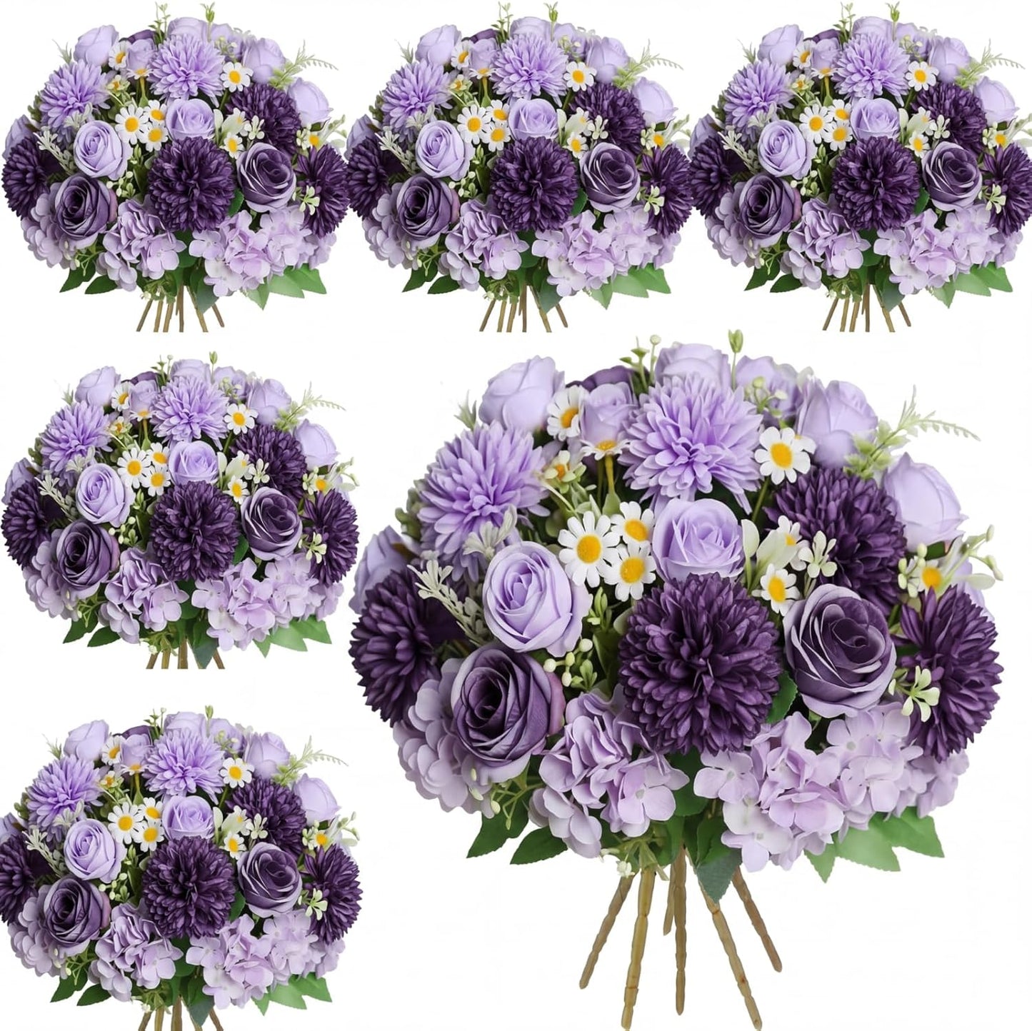 6 Pcs Bundles Artificial Bouquet Flowers Artificial Peonies Faux Roses Hydrangea Flowers Bouquet for Wedding Table Centerpiece Floral Vase Decor (Light Purple,Dark Purple)