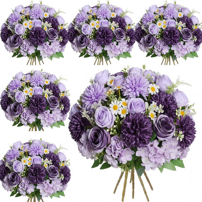 6 Pcs Bundles Artificial Bouquet Flowers Artificial Peonies Faux Roses Hydrangea Flowers Bouquet for Wedding Table Centerpiece Floral Vase Decor (Light Purple,Dark Purple)