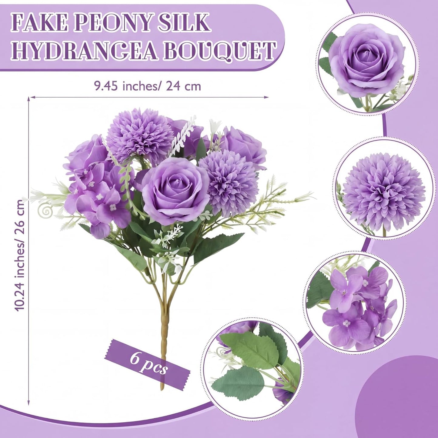 6 Pcs Bundles Artificial Bouquet Flowers Artificial Peonies Faux Roses Hydrangea Flowers Bouquet for Wedding Table Centerpiece Floral Vase Decor (Light Purple,Dark Purple)