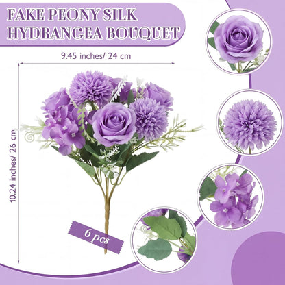 6 Pcs Bundles Artificial Bouquet Flowers Artificial Peonies Faux Roses Hydrangea Flowers Bouquet for Wedding Table Centerpiece Floral Vase Decor (Light Purple,Dark Purple)