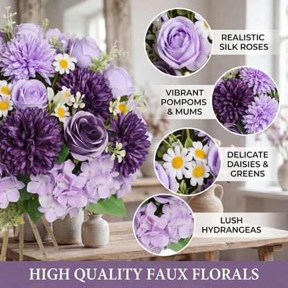 6 Pcs Bundles Artificial Bouquet Flowers Artificial Peonies Faux Roses Hydrangea Flowers Bouquet for Wedding Table Centerpiece Floral Vase Decor (Light Purple,Dark Purple)