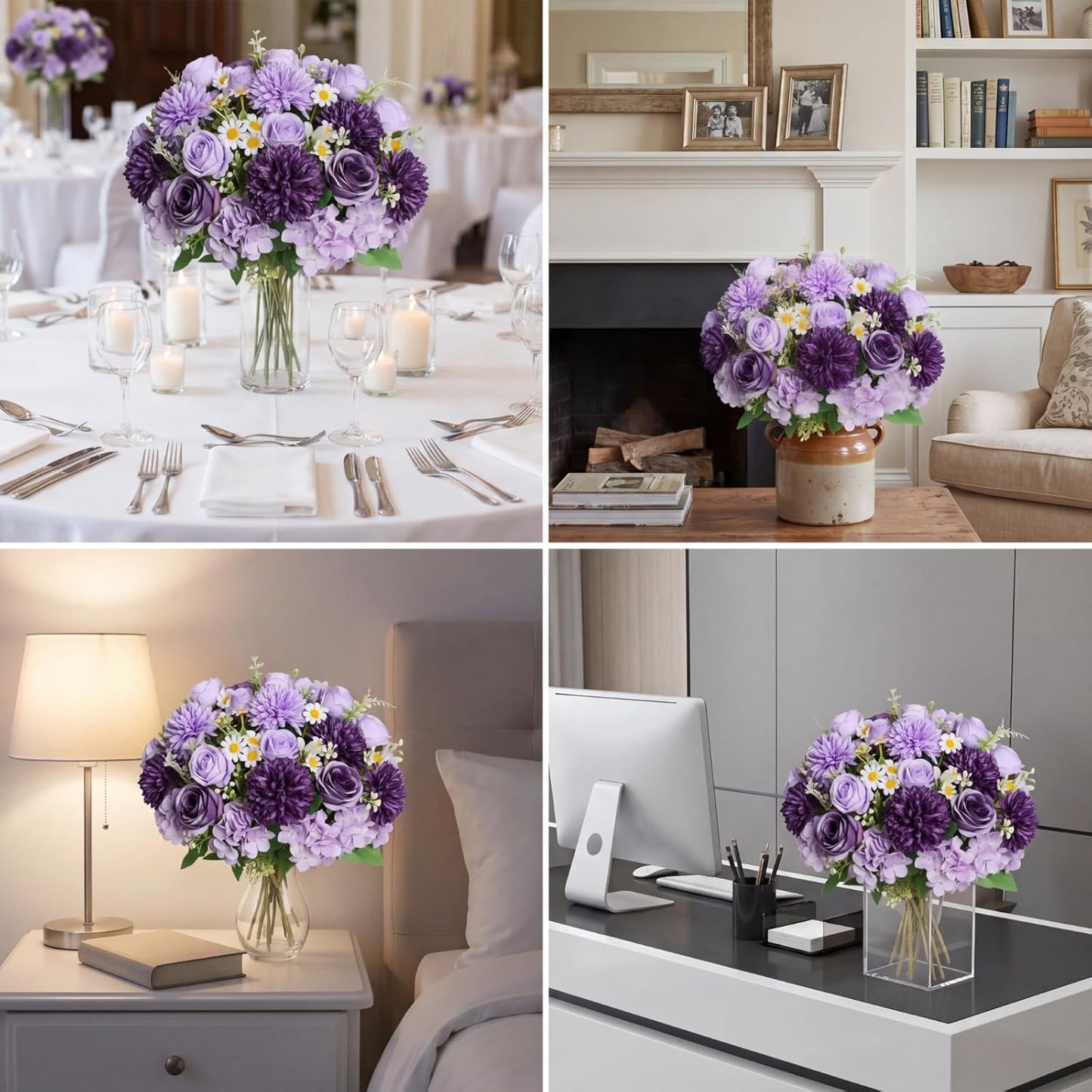 6 Pcs Bundles Artificial Bouquet Flowers Artificial Peonies Faux Roses Hydrangea Flowers Bouquet for Wedding Table Centerpiece Floral Vase Decor (Light Purple,Dark Purple)
