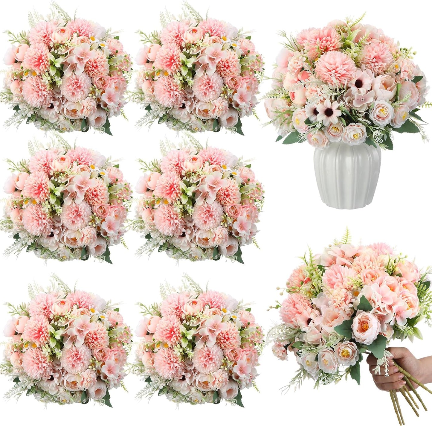 6 Pcs Bundles Artificial Bouquet Flowers Artificial Peonies Faux Roses Hydrangea Flowers Bouquet for Wedding Table Centerpiece Floral Vase Decor (Light Purple,Dark Purple)