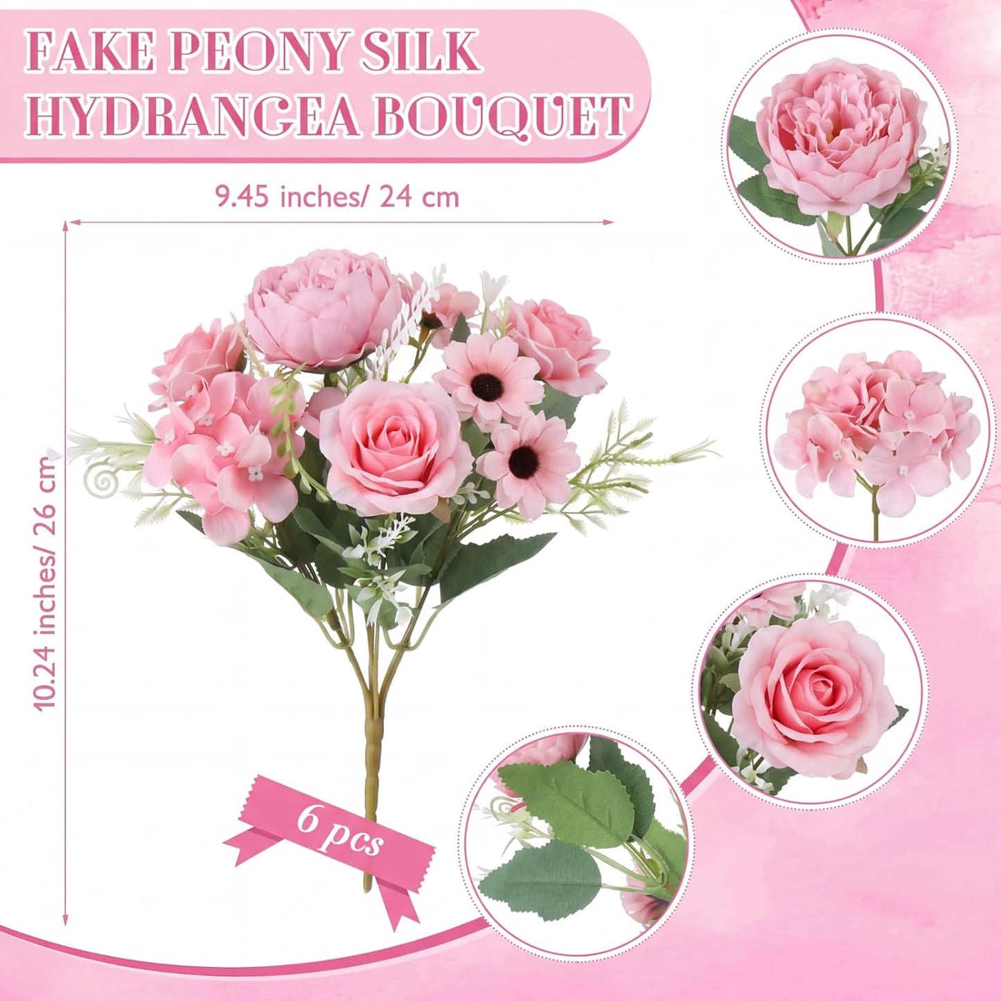 6 Pcs Bundles Artificial Bouquet Flowers Artificial Peonies Faux Roses Hydrangea Flowers Bouquet for Wedding Table Centerpiece Floral Vase Decor (Light Purple,Dark Purple)