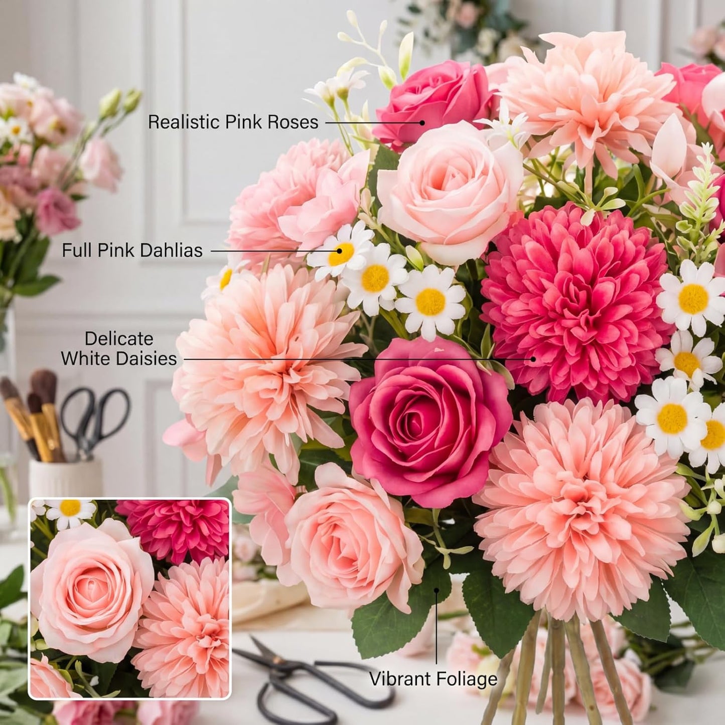6 Pcs Bundles Artificial Bouquet Flowers Artificial Peonies Faux Roses Hydrangea Flowers Bouquet for Wedding Table Centerpiece Floral Vase Decor (Light Purple,Dark Purple)