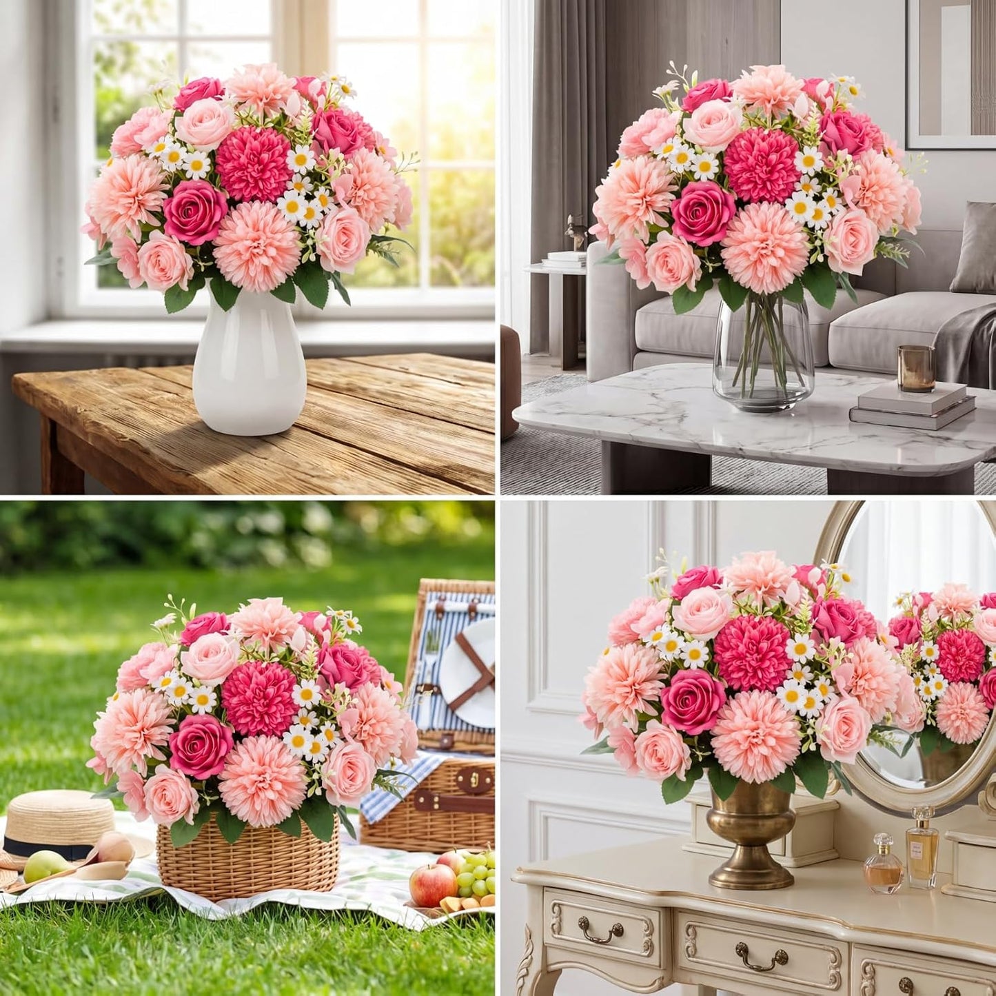 6 Pcs Bundles Artificial Bouquet Flowers Artificial Peonies Faux Roses Hydrangea Flowers Bouquet for Wedding Table Centerpiece Floral Vase Decor (Light Purple,Dark Purple)
