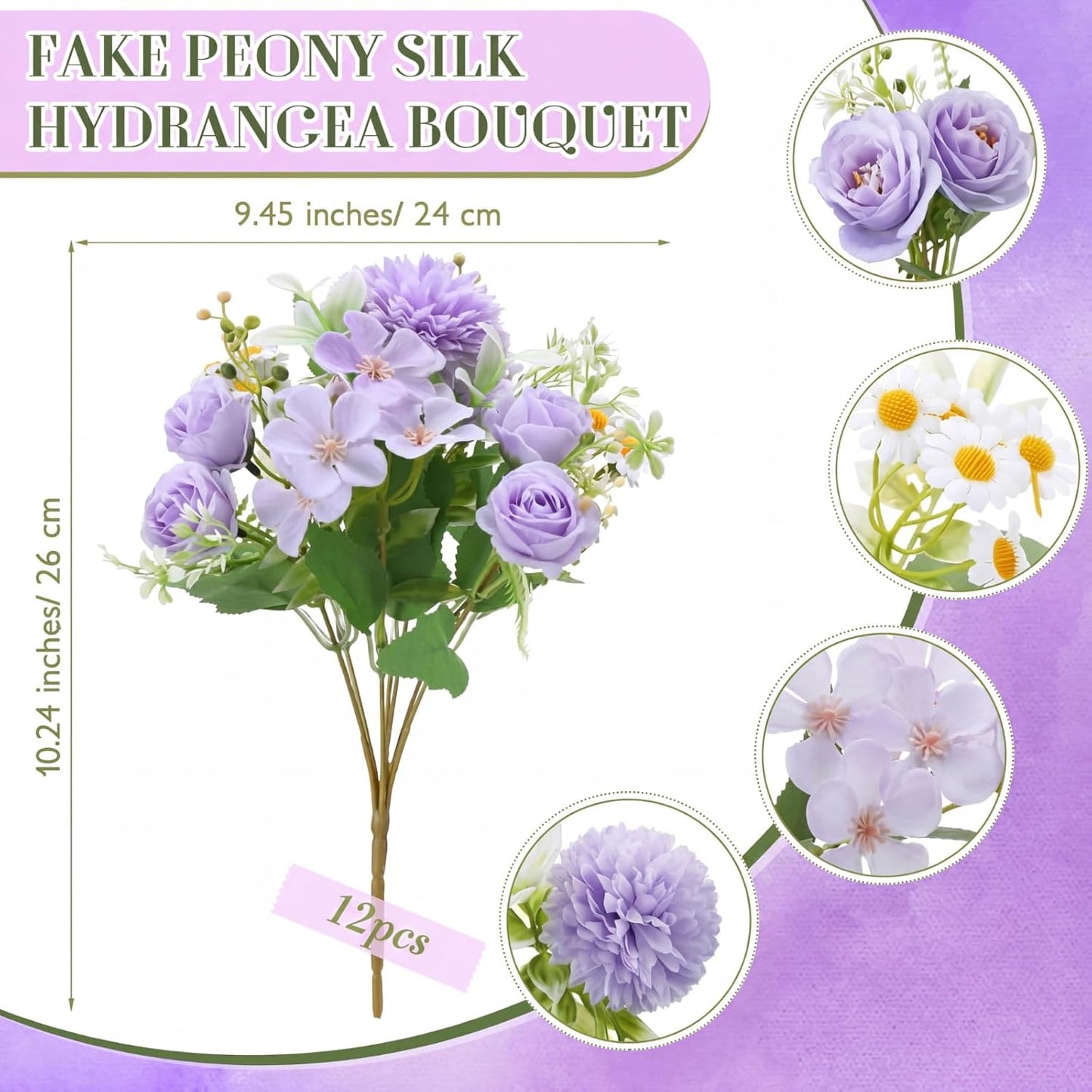 6 Pcs Bundles Artificial Bouquet Flowers Artificial Peonies Faux Roses Hydrangea Flowers Bouquet for Wedding Table Centerpiece Floral Vase Decor (Light Purple,Dark Purple)