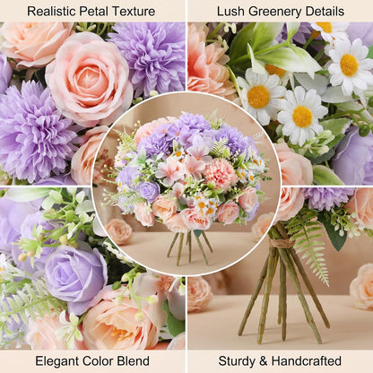 6 Pcs Bundles Artificial Bouquet Flowers Artificial Peonies Faux Roses Hydrangea Flowers Bouquet for Wedding Table Centerpiece Floral Vase Decor (Light Purple,Dark Purple)