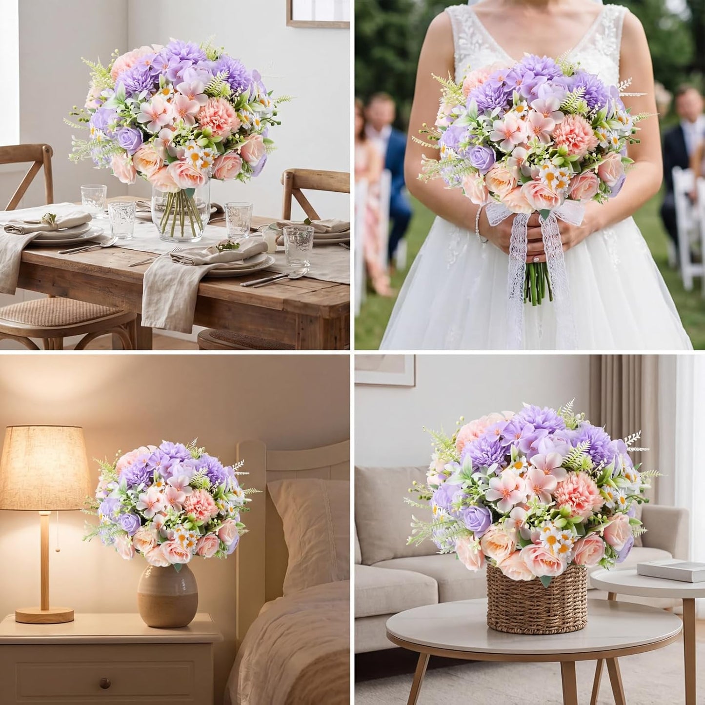 6 Pcs Bundles Artificial Bouquet Flowers Artificial Peonies Faux Roses Hydrangea Flowers Bouquet for Wedding Table Centerpiece Floral Vase Decor (Light Purple,Dark Purple)