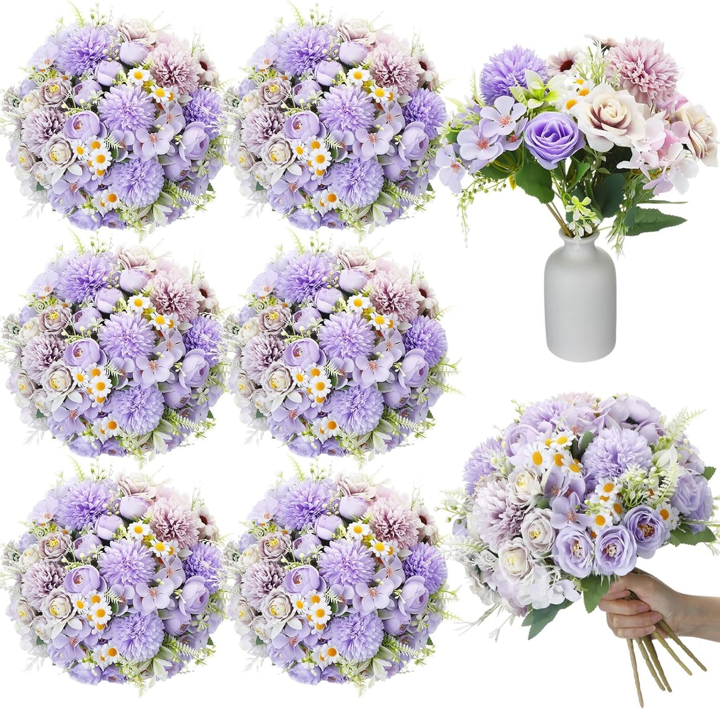 6 Pcs Bundles Artificial Bouquet Flowers Artificial Peonies Faux Roses Hydrangea Flowers Bouquet for Wedding Table Centerpiece Floral Vase Decor (Light Purple,Dark Purple)