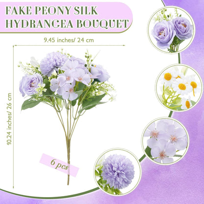 6 Pcs Bundles Artificial Bouquet Flowers Artificial Peonies Faux Roses Hydrangea Flowers Bouquet for Wedding Table Centerpiece Floral Vase Decor (Light Purple,Dark Purple)