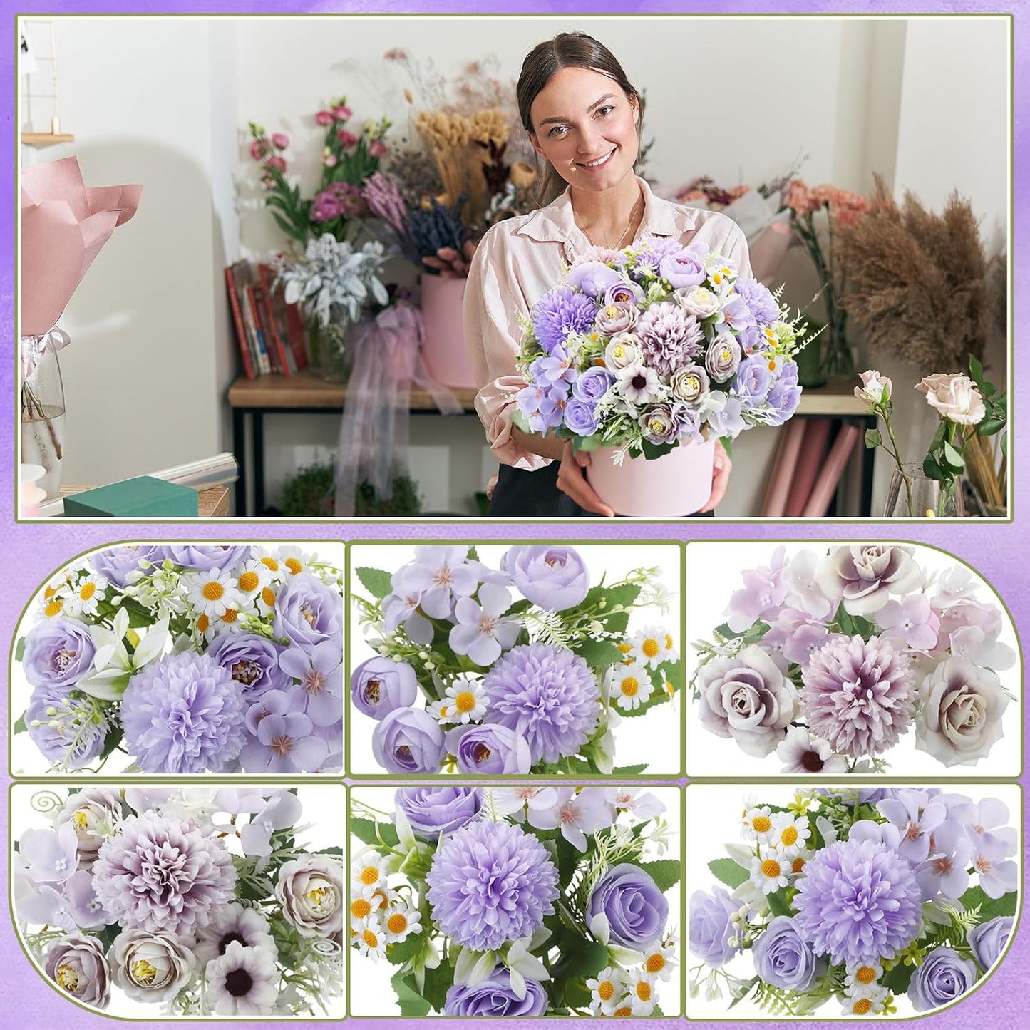 6 Pcs Bundles Artificial Bouquet Flowers Artificial Peonies Faux Roses Hydrangea Flowers Bouquet for Wedding Table Centerpiece Floral Vase Decor (Light Purple,Dark Purple)