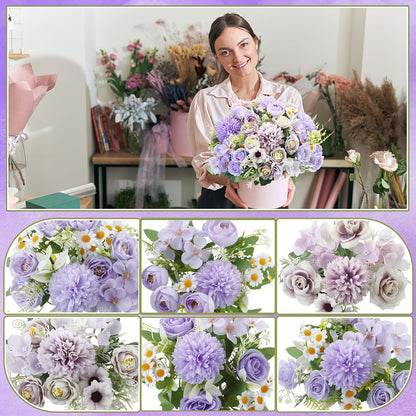6 Pcs Bundles Artificial Bouquet Flowers Artificial Peonies Faux Roses Hydrangea Flowers Bouquet for Wedding Table Centerpiece Floral Vase Decor (Light Purple,Dark Purple)