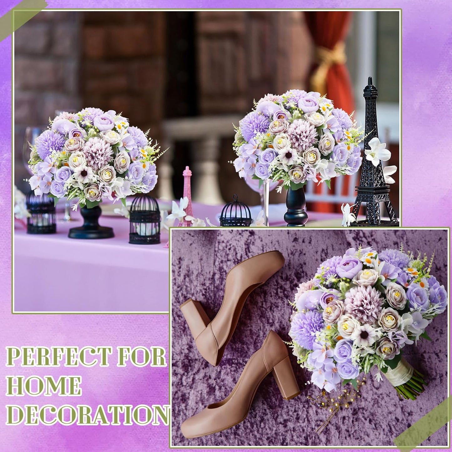6 Pcs Bundles Artificial Bouquet Flowers Artificial Peonies Faux Roses Hydrangea Flowers Bouquet for Wedding Table Centerpiece Floral Vase Decor (Light Purple,Dark Purple)
