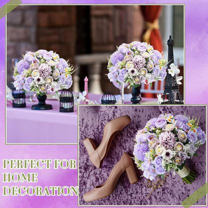 6 Pcs Bundles Artificial Bouquet Flowers Artificial Peonies Faux Roses Hydrangea Flowers Bouquet for Wedding Table Centerpiece Floral Vase Decor (Light Purple,Dark Purple)