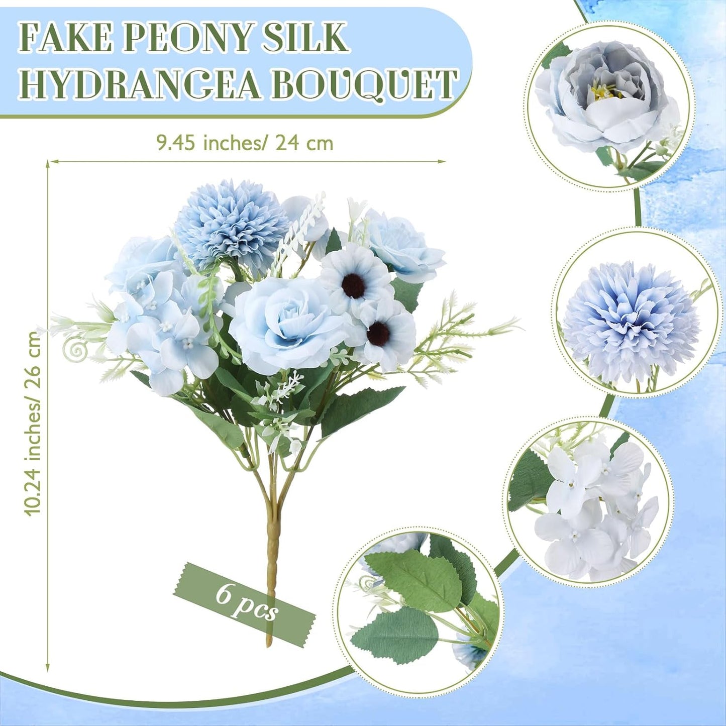 6 Pcs Bundles Artificial Bouquet Flowers Artificial Peonies Faux Roses Hydrangea Flowers Bouquet for Wedding Table Centerpiece Floral Vase Decor (Light Purple,Dark Purple)