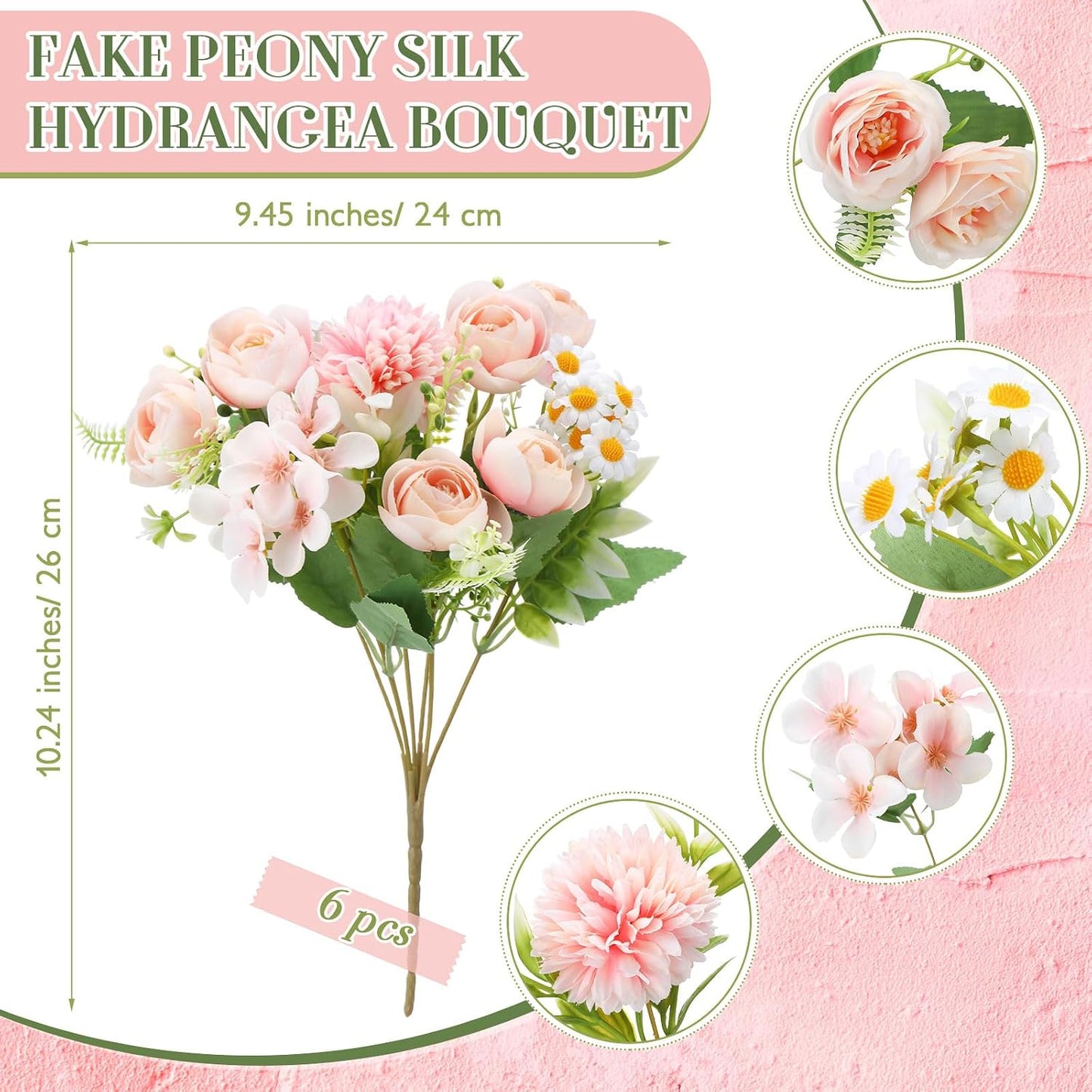 6 Pcs Bundles Artificial Bouquet Flowers Artificial Peonies Faux Roses Hydrangea Flowers Bouquet for Wedding Table Centerpiece Floral Vase Decor (Light Purple,Dark Purple)