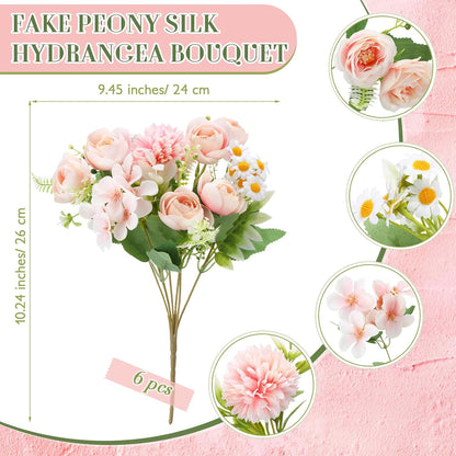 6 Pcs Bundles Artificial Bouquet Flowers Artificial Peonies Faux Roses Hydrangea Flowers Bouquet for Wedding Table Centerpiece Floral Vase Decor (Light Purple,Dark Purple)