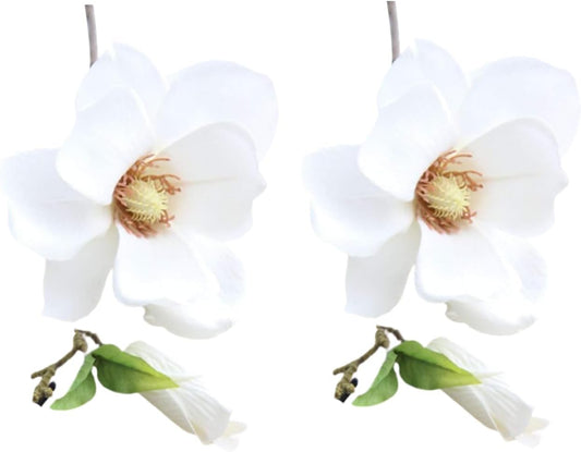 2Pcs White Artificial Magnolia Fake Silk Flower Single Floral Home Decor Living Room Bedroom Garden Party Wedding Decoration in Pots Vase for Desk Table, Artificial Flowers, Home Décor Products