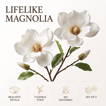 2Pcs White Artificial Magnolia Fake Silk Flower Single Floral Home Decor Living Room Bedroom Garden Party Wedding Decoration in Pots Vase for Desk Table, Artificial Flowers, Home Décor Products