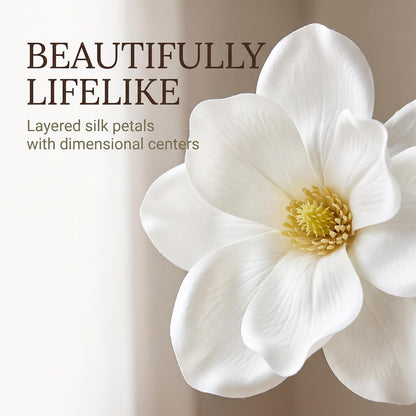 2Pcs White Artificial Magnolia Fake Silk Flower Single Floral Home Decor Living Room Bedroom Garden Party Wedding Decoration in Pots Vase for Desk Table, Artificial Flowers, Home Décor Products