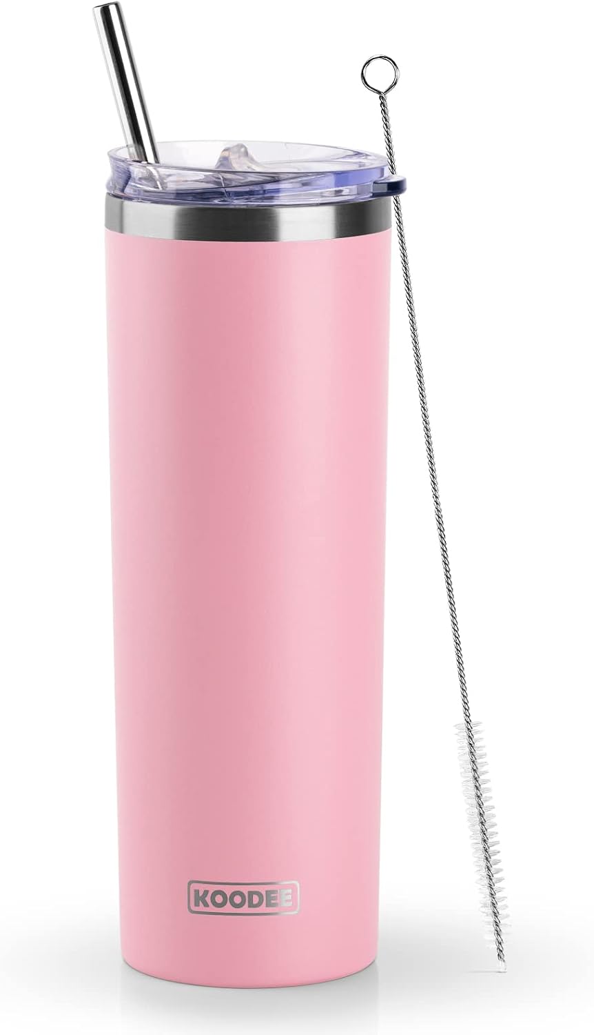 20 oz Skinny Tumbler - Stainless Steel Double Wall Insulated Slim Water Cup With Straw and Lids (Yellow)