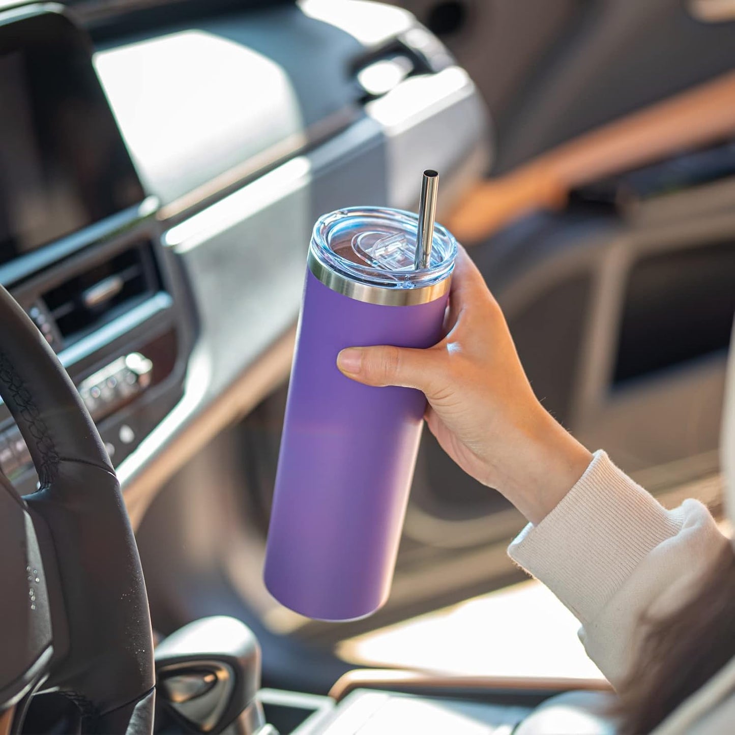 20 oz Skinny Tumbler - Stainless Steel Double Wall Insulated Slim Water Cup With Straw and Lids (Yellow)