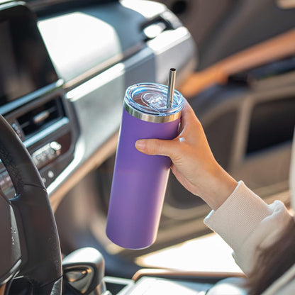 20 oz Skinny Tumbler - Stainless Steel Double Wall Insulated Slim Water Cup With Straw and Lids (Yellow)