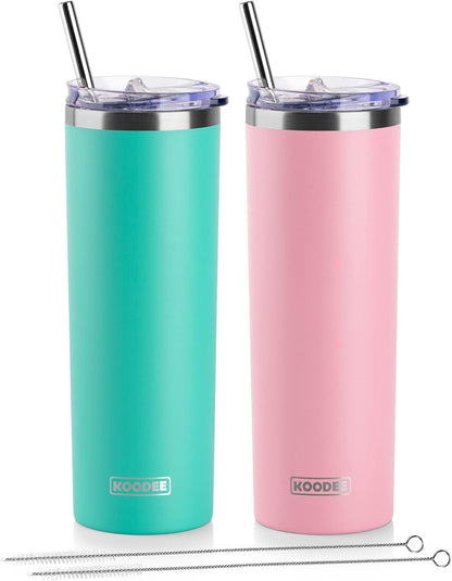 20 oz Skinny Tumbler - Stainless Steel Double Wall Insulated Slim Water Cup With Straw and Lids (Yellow)