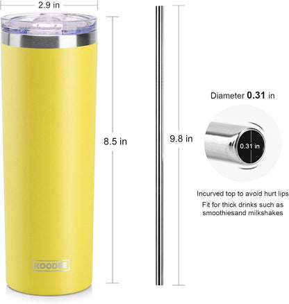 20 oz Skinny Tumbler - Stainless Steel Double Wall Insulated Slim Water Cup With Straw and Lids (Yellow)