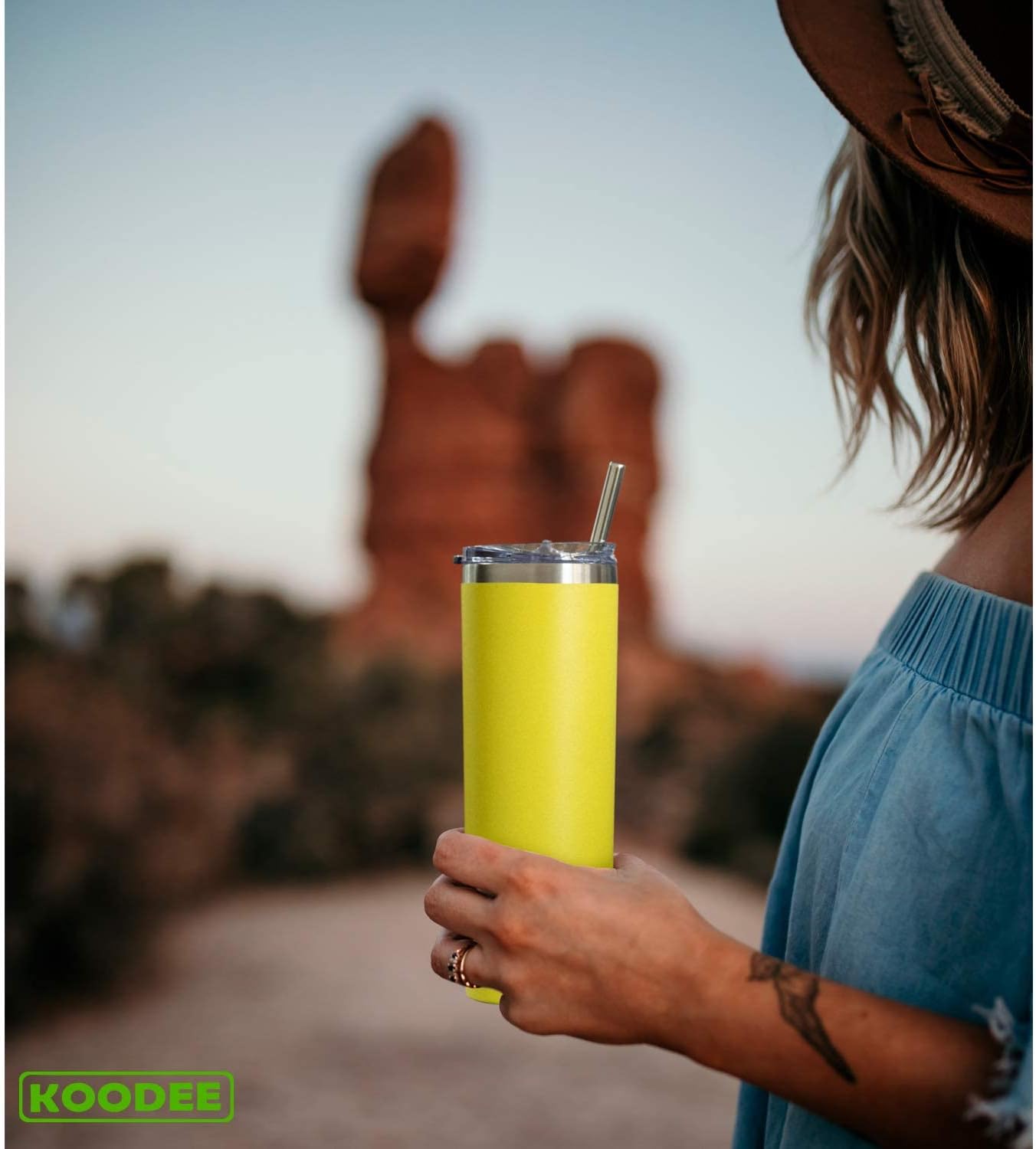 20 oz Skinny Tumbler - Stainless Steel Double Wall Insulated Slim Water Cup With Straw and Lids (Yellow)