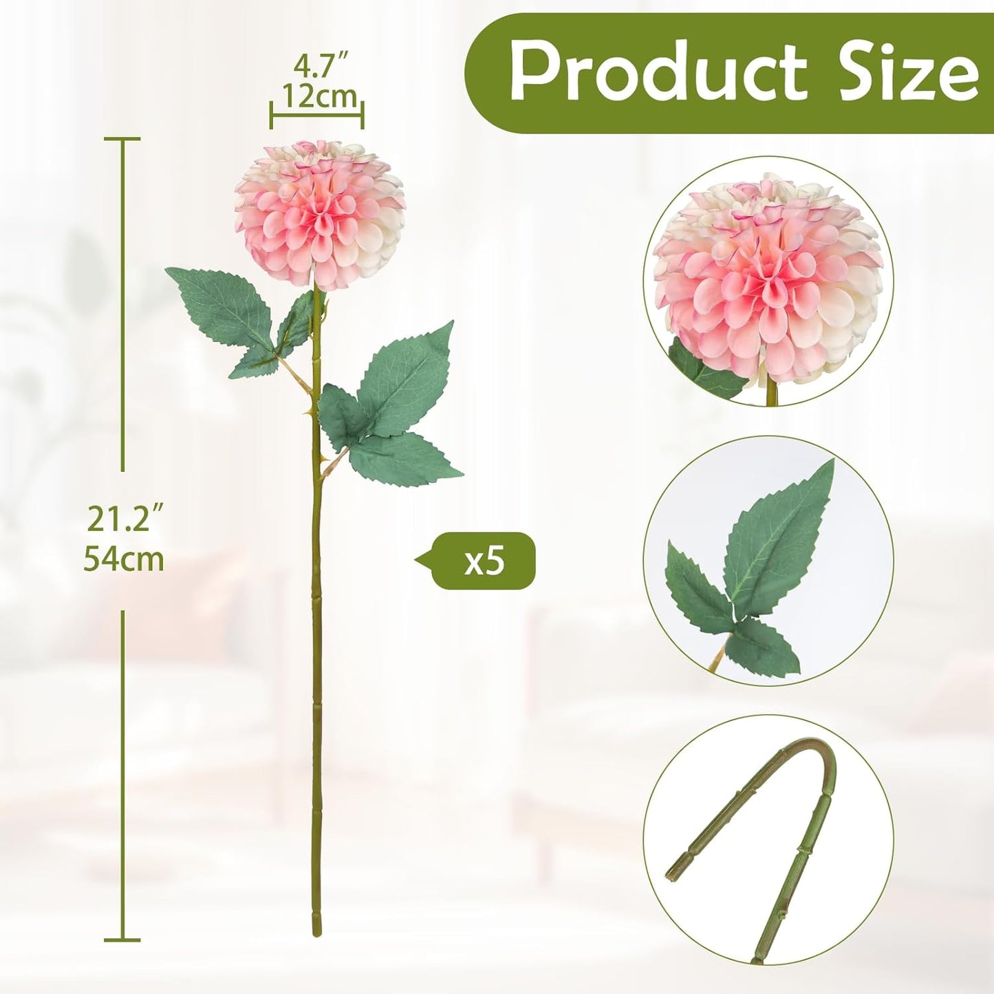 5PCS Artificial Dahlia Flowers Large 21.2" Fake Silk Flowers Pink Real Looking Dahlia with Long Stems for DIY Wedding Bouquets Centerpieces Arrangements Bridal Shower Party Home Decorations