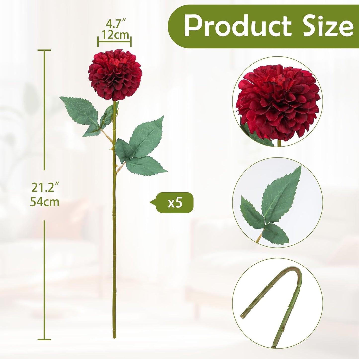5PCS Artificial Dahlia Flowers Large 21.2" Fake Silk Flowers Pink Real Looking Dahlia with Long Stems for DIY Wedding Bouquets Centerpieces Arrangements Bridal Shower Party Home Decorations
