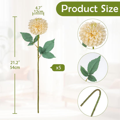 5PCS Artificial Dahlia Flowers Large 21.2" Fake Silk Flowers Pink Real Looking Dahlia with Long Stems for DIY Wedding Bouquets Centerpieces Arrangements Bridal Shower Party Home Decorations