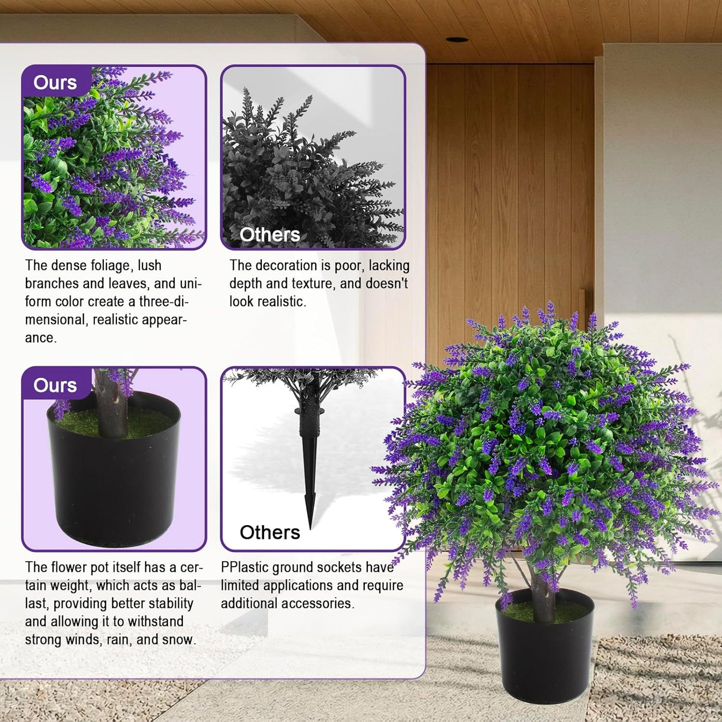 2 Pcs Artificial Lavender Topiary Ball Trees Potted Plants, UV Resistant Fake Lavender Topiary Plant Purple Trees for Garden, Front Door Porch and Outdoor Decor (Purple, M)