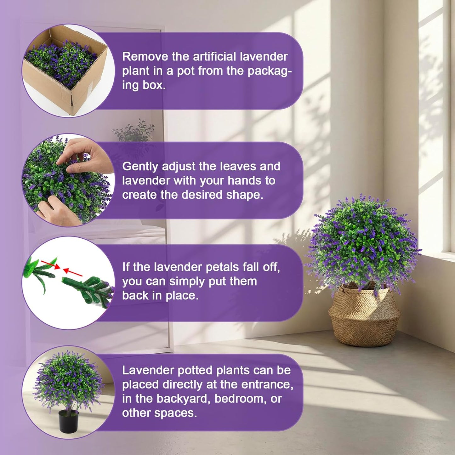 2 Pcs Artificial Lavender Topiary Ball Trees Potted Plants, UV Resistant Fake Lavender Topiary Plant Purple Trees for Garden, Front Door Porch and Outdoor Decor (Purple, M)