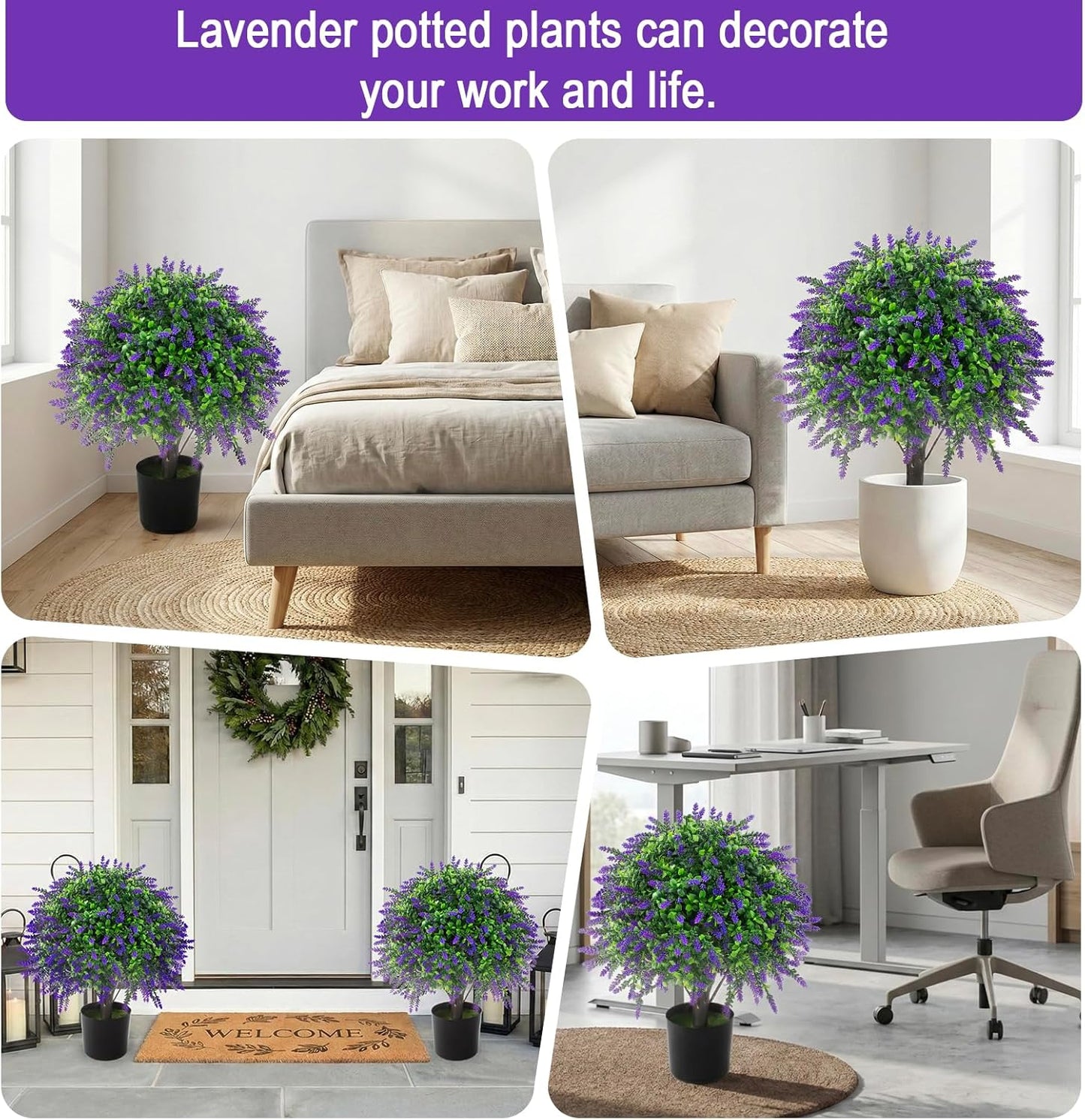 2 Pcs Artificial Lavender Topiary Ball Trees Potted Plants, UV Resistant Fake Lavender Topiary Plant Purple Trees for Garden, Front Door Porch and Outdoor Decor (Purple, M)