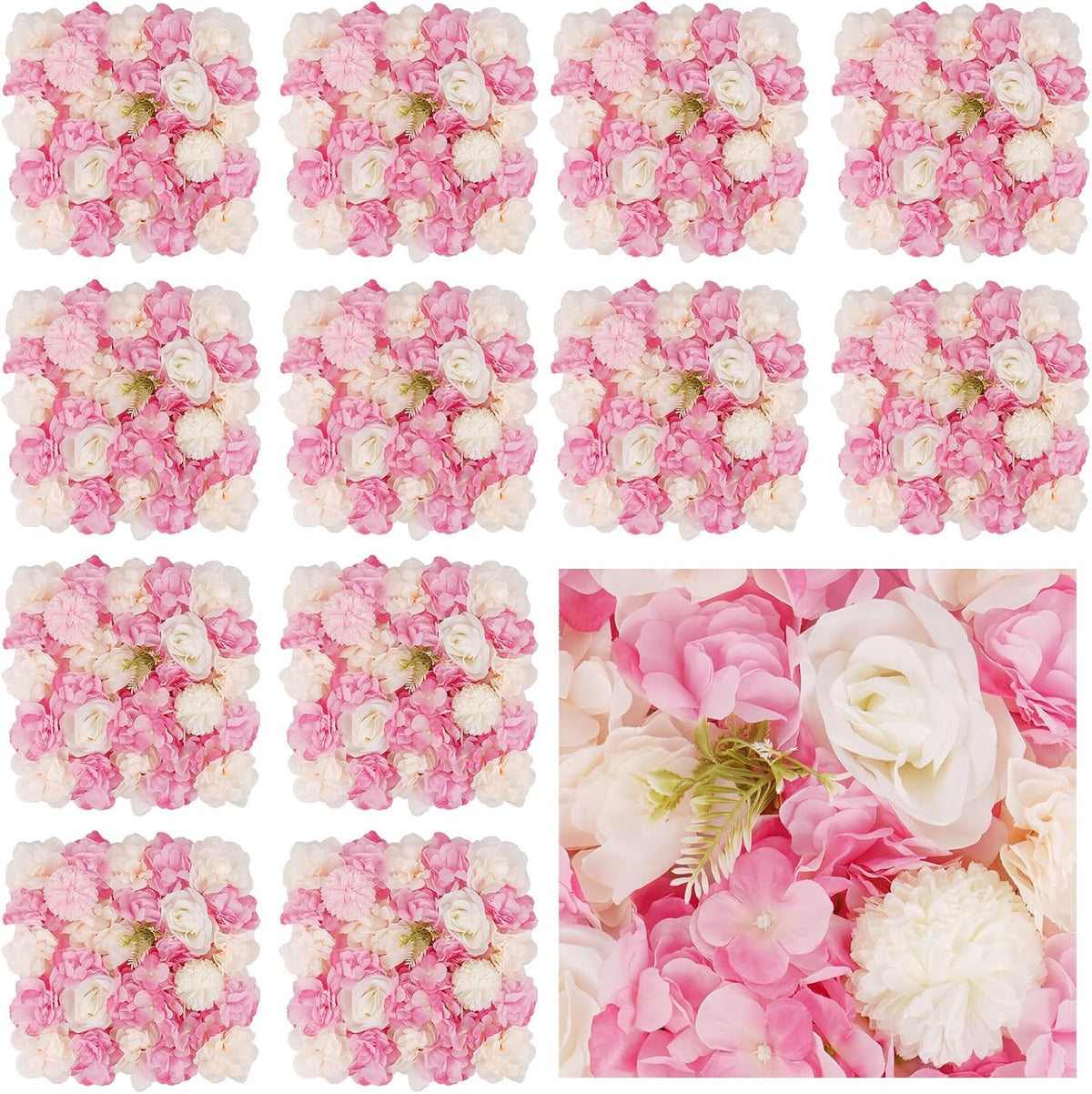 3D Flower Wall Backdrop, 15x15 Inch Pink & White Panels