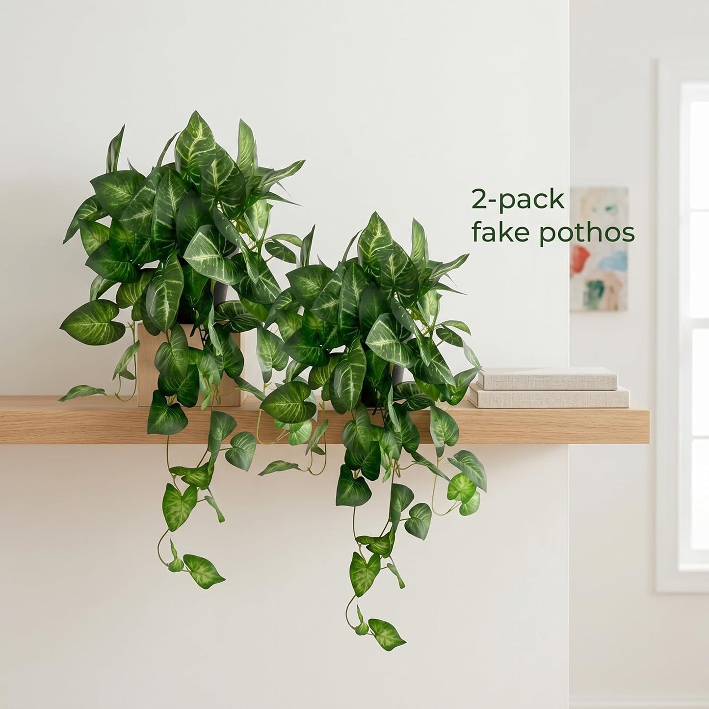 Artificial Pothos Hanging Plant, 25" Set of 2 Faux Ivy Vines with Pots | Fake Silk Realistic Hanging Greenery Plants for Indoor Home Bedroom, Bathroom,Shelves, Office Decor