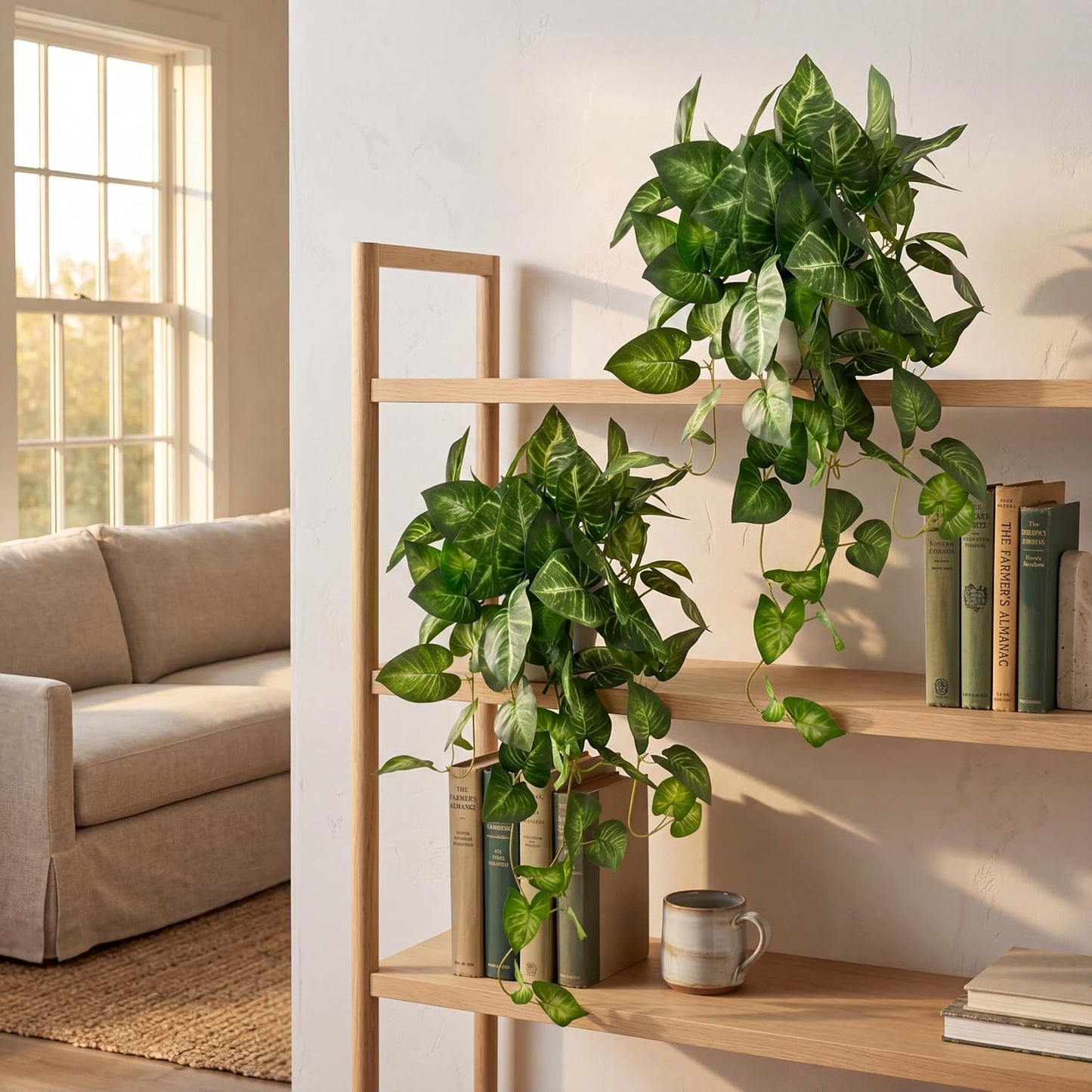 Artificial Pothos Hanging Plant, 25" Set of 2 Faux Ivy Vines with Pots | Fake Silk Realistic Hanging Greenery Plants for Indoor Home Bedroom, Bathroom,Shelves, Office Decor