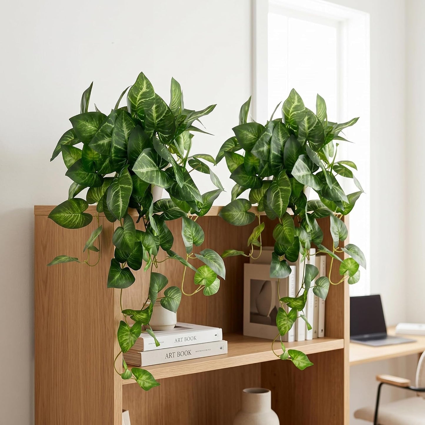 Artificial Pothos Hanging Plant, 25" Set of 2 Faux Ivy Vines with Pots | Fake Silk Realistic Hanging Greenery Plants for Indoor Home Bedroom, Bathroom,Shelves, Office Decor