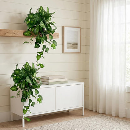 Artificial Pothos Hanging Plant, 25" Set of 2 Faux Ivy Vines with Pots | Fake Silk Realistic Hanging Greenery Plants for Indoor Home Bedroom, Bathroom,Shelves, Office Decor