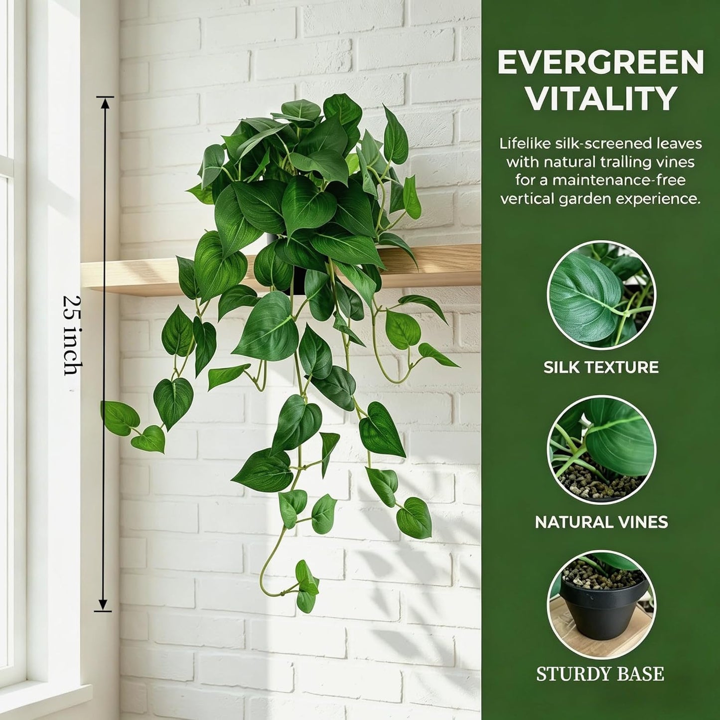 Artificial Pothos Hanging Plant, 25" Set of 2 Faux Ivy Vines with Pots | Fake Silk Realistic Hanging Greenery Plants for Indoor Home Bedroom, Bathroom,Shelves, Office Decor