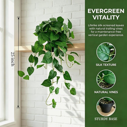 Artificial Pothos Hanging Plant, 25" Set of 2 Faux Ivy Vines with Pots | Fake Silk Realistic Hanging Greenery Plants for Indoor Home Bedroom, Bathroom,Shelves, Office Decor