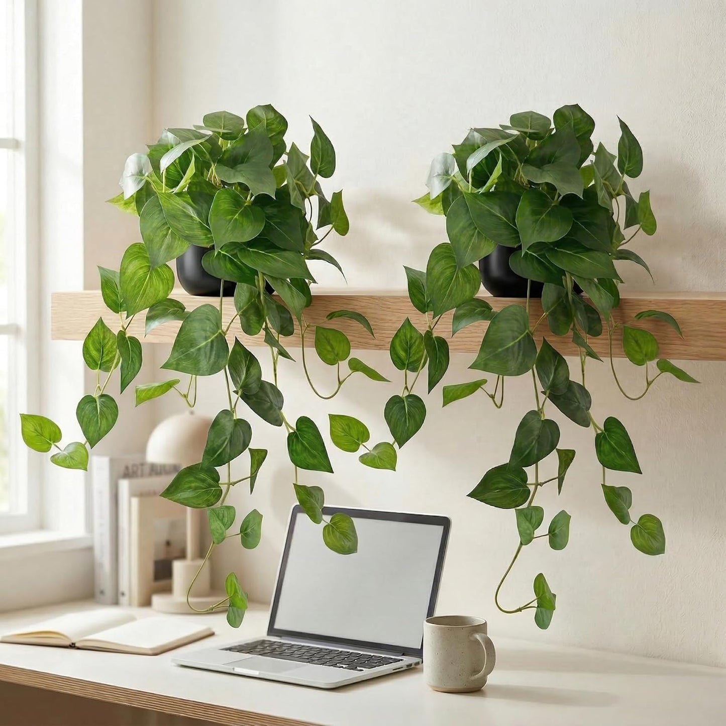 Artificial Pothos Hanging Plant, 25" Set of 2 Faux Ivy Vines with Pots | Fake Silk Realistic Hanging Greenery Plants for Indoor Home Bedroom, Bathroom,Shelves, Office Decor