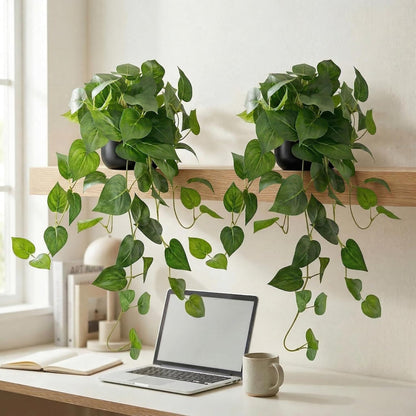 Artificial Pothos Hanging Plant, 25" Set of 2 Faux Ivy Vines with Pots | Fake Silk Realistic Hanging Greenery Plants for Indoor Home Bedroom, Bathroom,Shelves, Office Decor