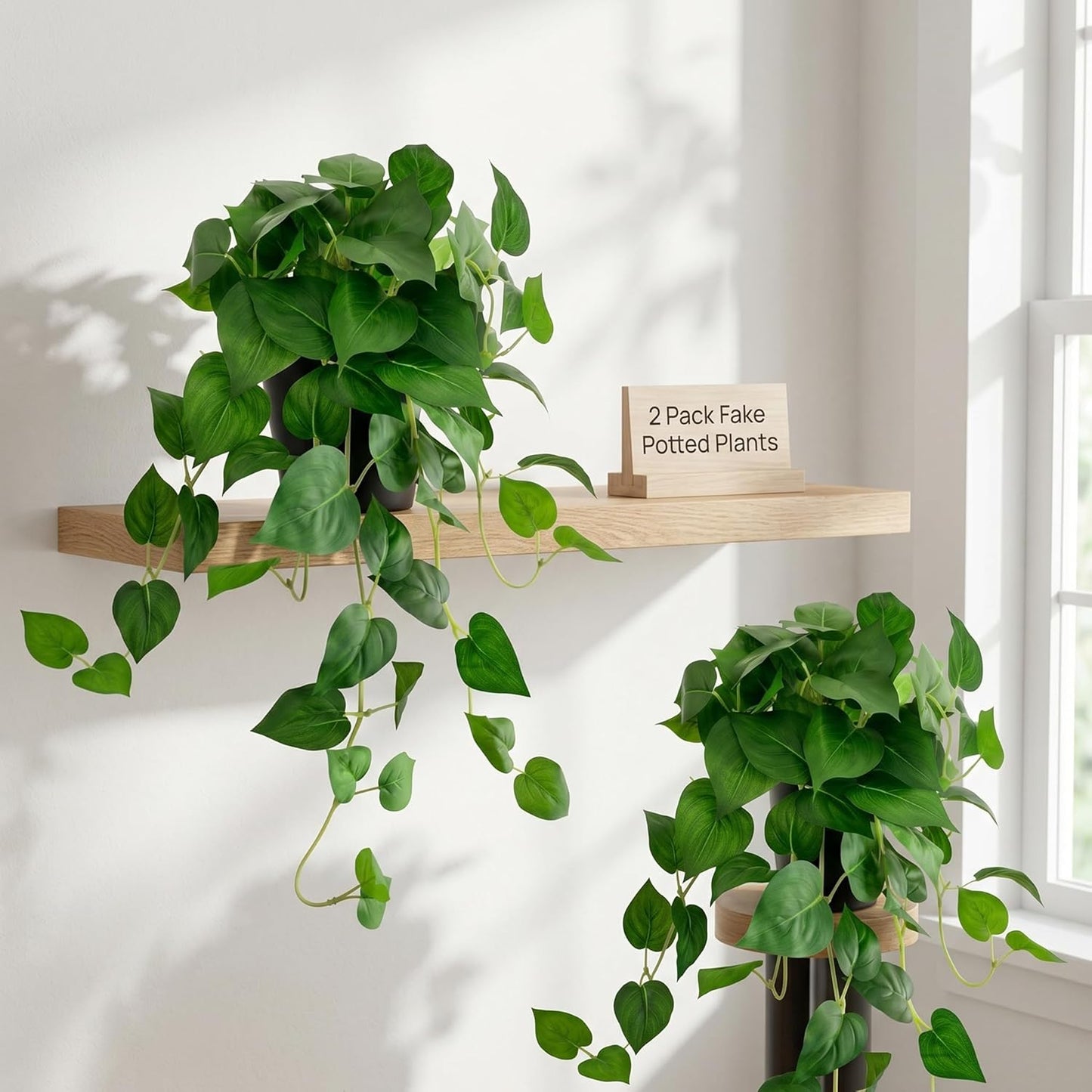 Artificial Pothos Hanging Plant, 25" Set of 2 Faux Ivy Vines with Pots | Fake Silk Realistic Hanging Greenery Plants for Indoor Home Bedroom, Bathroom,Shelves, Office Decor